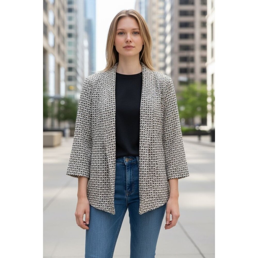 NEW Notations Womens Geometric Open Front Blazer Jacket M Black Beige Business